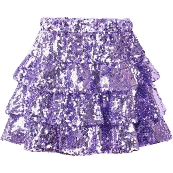 WELAKEN Sparkle Sequin Skirt for Girls Kids Elastic Waist Three Layer Ruffle SkirtPurple