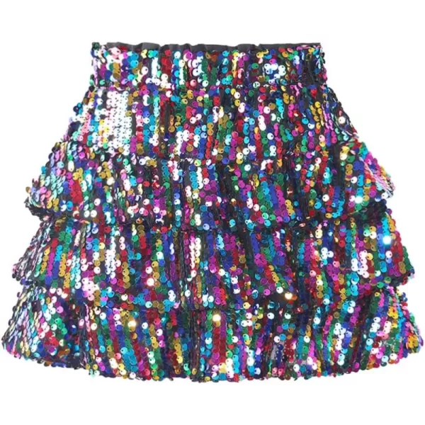 WELAKEN Sparkle Sequin Skirt for Girls Kids Elastic Waist Three Layer Ruffle SkirtRainbow