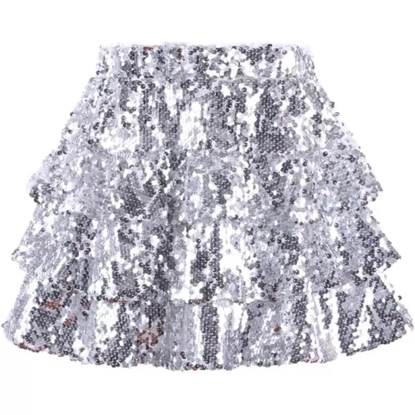 WELAKEN Sparkle Sequin Skirt for Girls Kids Elastic Waist Three Layer Ruffle SkirtSilver