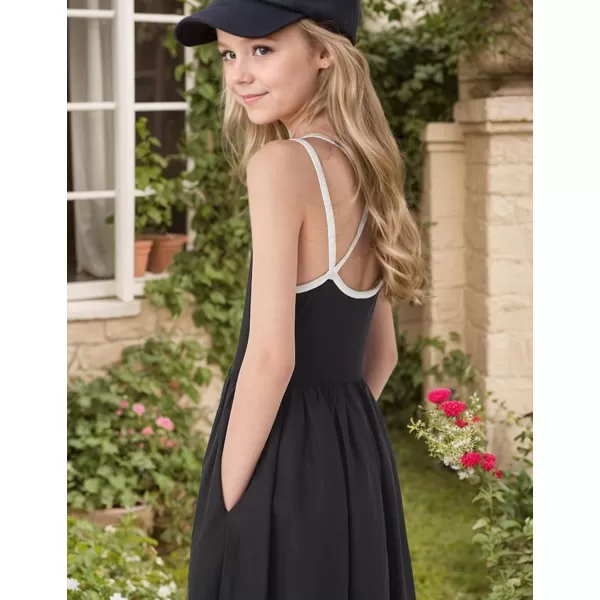 imageGirls Spaghetti Strap Dress Ruffle Midi Casual School Party Dresses with PocketsBlack