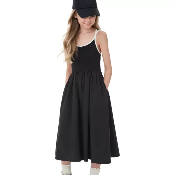 imageGirls Spaghetti Strap Dress Ruffle Midi Casual School Party Dresses with PocketsBlack