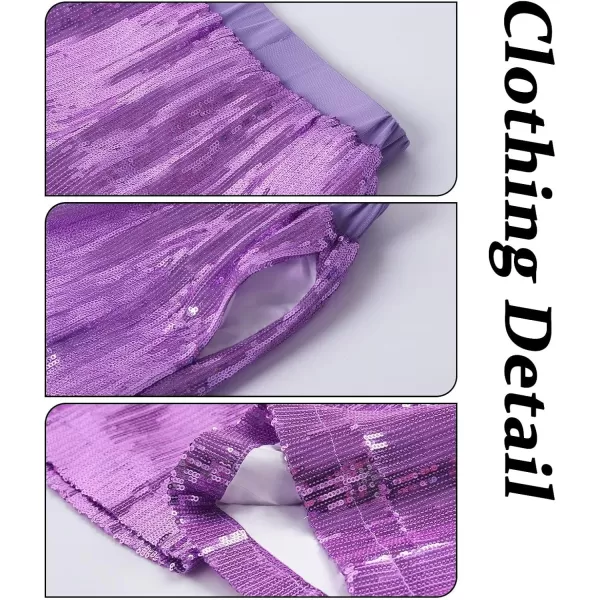 imageWELAKEN Girls Sequin Flare Pants Sparkle Elastic Waist Dance Pants with PocketsPurple