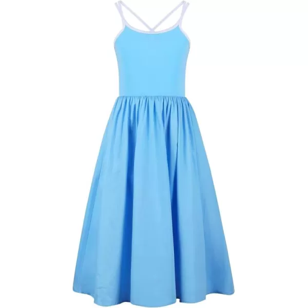 imageGirls Spaghetti Strap Dress Ruffle Midi Casual School Party Dresses with PocketsBlue