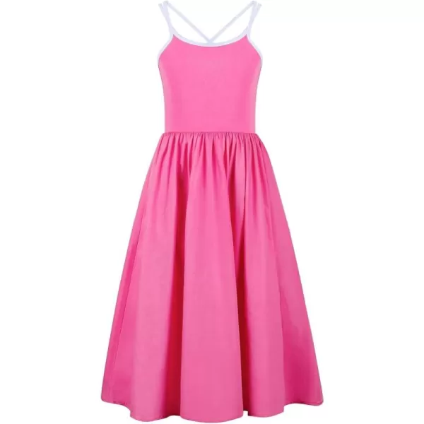 imageGirls Spaghetti Strap Dress Ruffle Midi Casual School Party Dresses with PocketsHot Pink