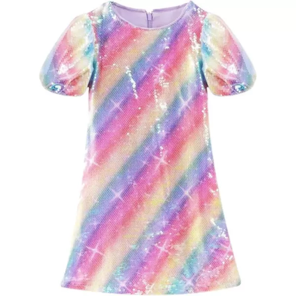 imageWELAKEN Girls Ombre Sequin Dress Sparkly Fancy Short Puff Sleeves Gradient Party DressCandy Rainbow