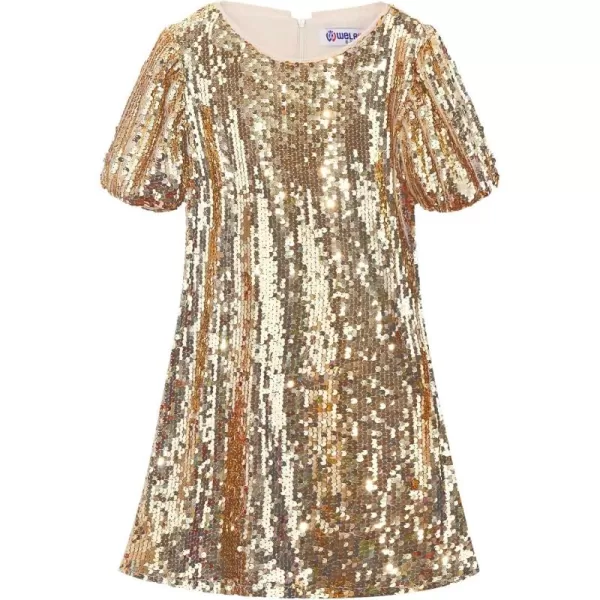 imageWELAKEN Girls Ombre Sequin Dress Sparkly Fancy Short Puff Sleeves Gradient Party DressGold