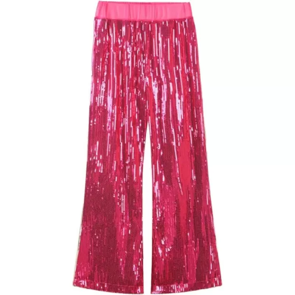 imageWELAKEN Girls Sequin Flare Pants Sparkle Elastic Waist Dance Pants with PocketsHot Pink