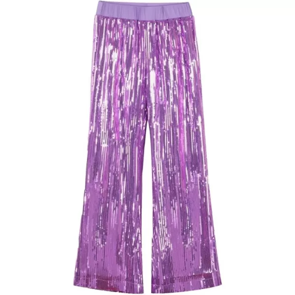 imageWELAKEN Girls Sequin Flare Pants Sparkle Elastic Waist Dance Pants with PocketsPurple
