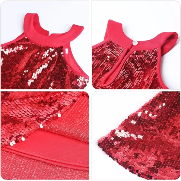imageWELAKEN Girls Ombre Sequin Dress for Kid Sparkly Halter Neck Sleeveless Gradient Party Prom DressSolid Red
