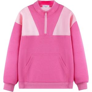 imageWELAKEN Girls Sweatshirt Half Zip Mock Neck Long Sleeve Pullover Sweatshirts with PocketHot Pink