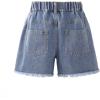 imageWELAKEN Girl Jean Shorts Rhinestone Ripped Raw Trim Straight Leg High Waist Denim ShortsLight Blue