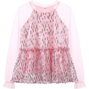 imageGirl Sequin Mesh Bloues Sparkle Ruffle Collar Long Sleeve Shirts Tops512 YearsPink