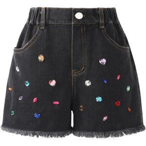 imageWELAKEN Girl Jean Shorts Rhinestone Ripped Raw Trim Straight Leg High Waist Denim ShortsBlack