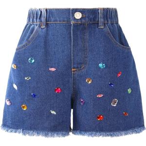 imageWELAKEN Girl Jean Shorts Rhinestone Ripped Raw Trim Straight Leg High Waist Denim ShortsDark Blue