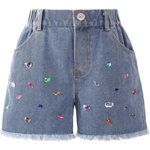 imageWELAKEN Girl Jean Shorts Rhinestone Ripped Raw Trim Straight Leg High Waist Denim ShortsLight Blue