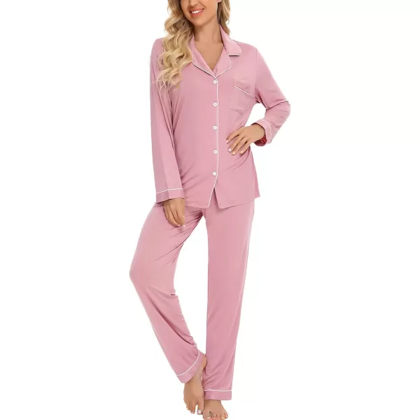 Leikar Button Up Pajama Set For Women Long Sleeve Shirt And Pajama Pants Soft Pjs Lounge SetsBean Paste