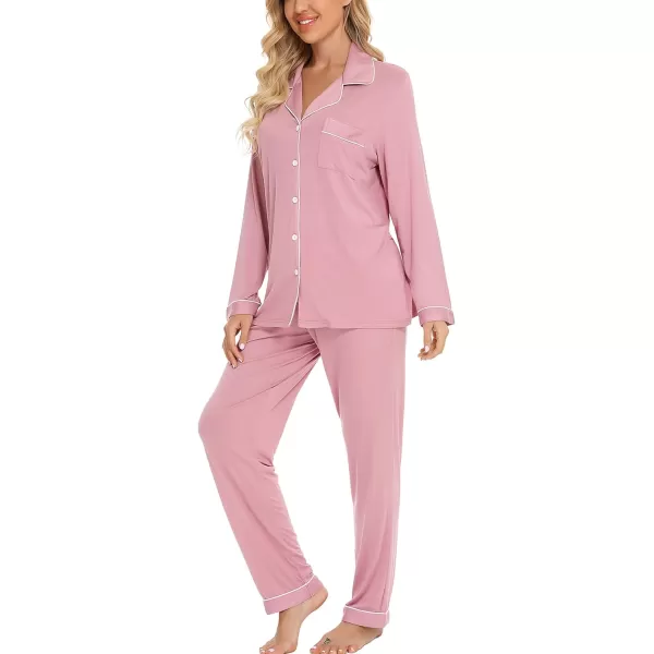 Leikar Button Up Pajama Set For Women Long Sleeve Shirt And Pajama Pants Soft Pjs Lounge SetsBean Paste