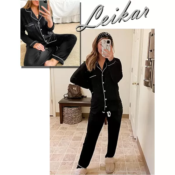 Leikar Button Up Pajama Set For Women Long Sleeve Shirt And Pajama Pants Soft Pjs Lounge SetsBlack