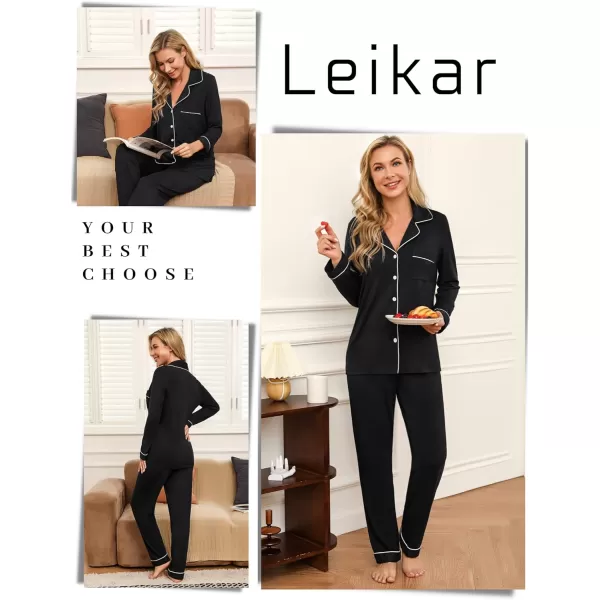 Leikar Button Up Pajama Set For Women Long Sleeve Shirt And Pajama Pants Soft Pjs Lounge SetsBlack