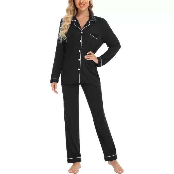 Leikar Button Up Pajama Set For Women Long Sleeve Shirt And Pajama Pants Soft Pjs Lounge SetsBlack