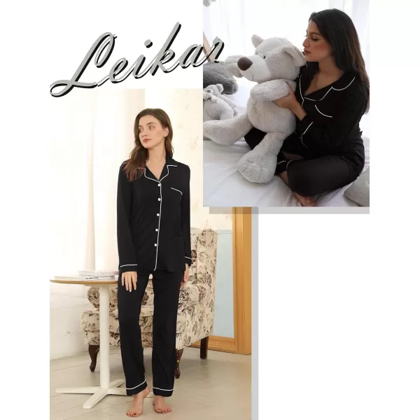 Leikar Button Up Pajama Set For Women Long Sleeve Shirt And Pajama Pants Soft Pjs Lounge SetsBlack