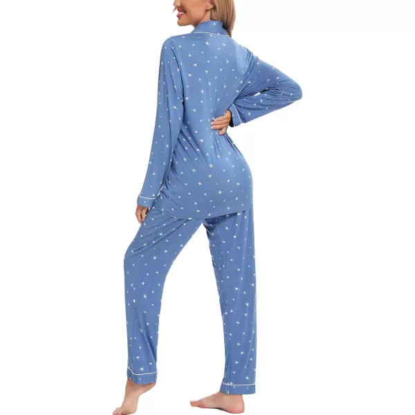 Leikar Button Up Pajama Set For Women Long Sleeve Shirt And Pajama Pants Soft Pjs Lounge SetsBlue White Stare