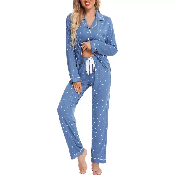Leikar Button Up Pajama Set For Women Long Sleeve Shirt And Pajama Pants Soft Pjs Lounge SetsBlue White Stare