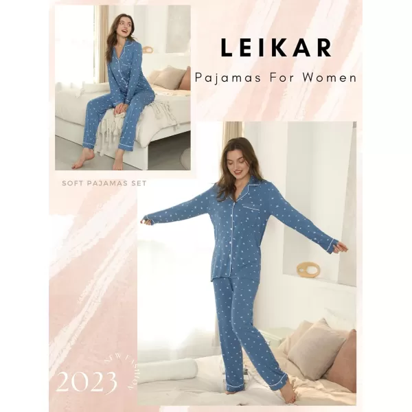 Leikar Button Up Pajama Set For Women Long Sleeve Shirt And Pajama Pants Soft Pjs Lounge SetsBlue White Stare