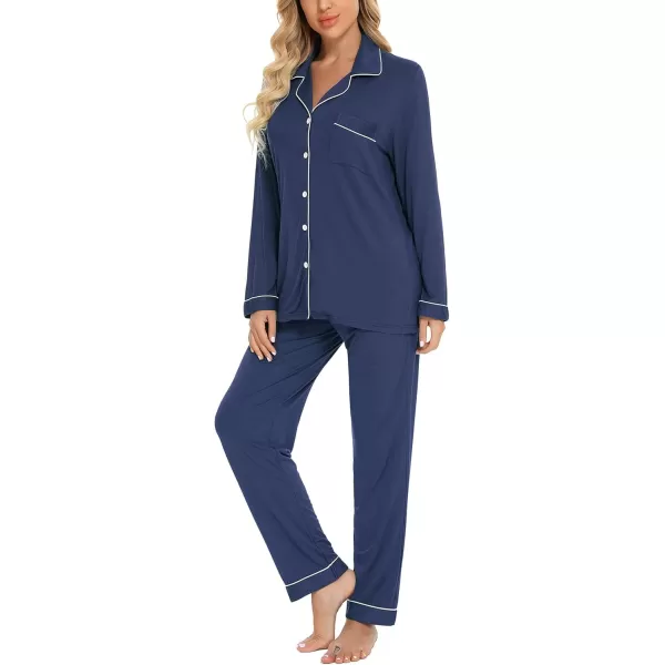 Leikar Button Up Pajama Set For Women Long Sleeve Shirt And Pajama Pants Soft Pjs Lounge SetsCyan Blue