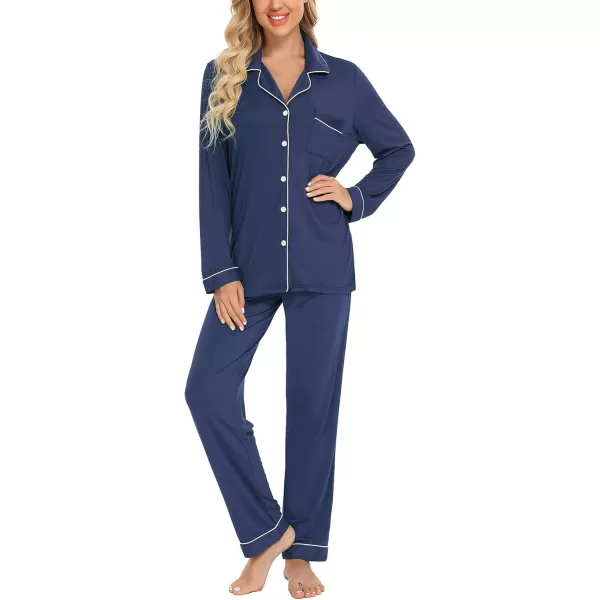 Leikar Button Up Pajama Set For Women Long Sleeve Shirt And Pajama Pants Soft Pjs Lounge SetsCyan Blue