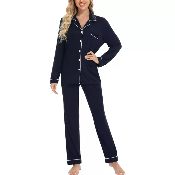 Leikar Button Up Pajama Set For Women Long Sleeve Shirt And Pajama Pants Soft Pjs Lounge SetsNavy Blue