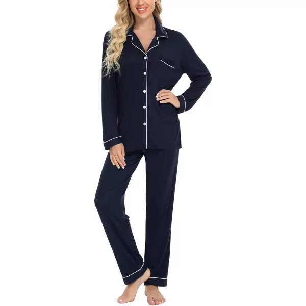 Leikar Button Up Pajama Set For Women Long Sleeve Shirt And Pajama Pants Soft Pjs Lounge SetsNavy Blue