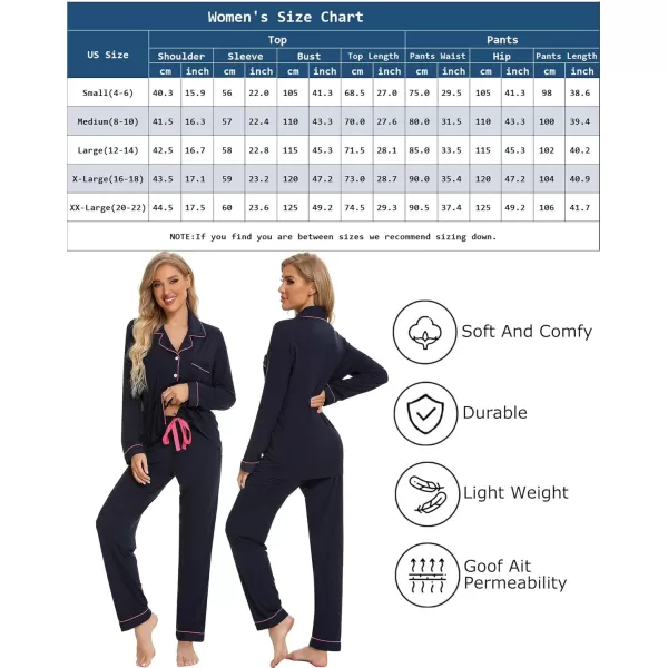 Leikar Button Up Pajama Set For Women Long Sleeve Shirt And Pajama Pants Soft Pjs Lounge SetsNavy Blue Pink Side