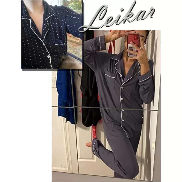 Leikar Button Up Pajama Set For Women Long Sleeve Shirt And Pajama Pants Soft Pjs Lounge SetsNavy Blue White Dots