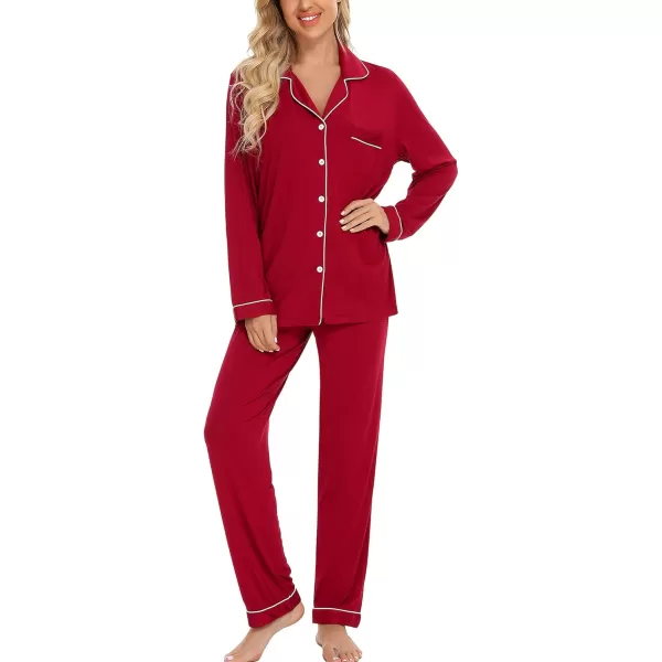 Leikar Button Up Pajama Set For Women Long Sleeve Shirt And Pajama Pants Soft Pjs Lounge SetsRed