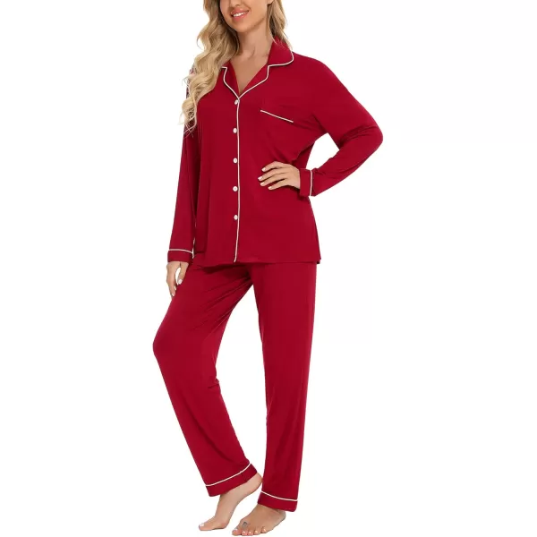 Leikar Button Up Pajama Set For Women Long Sleeve Shirt And Pajama Pants Soft Pjs Lounge SetsRed