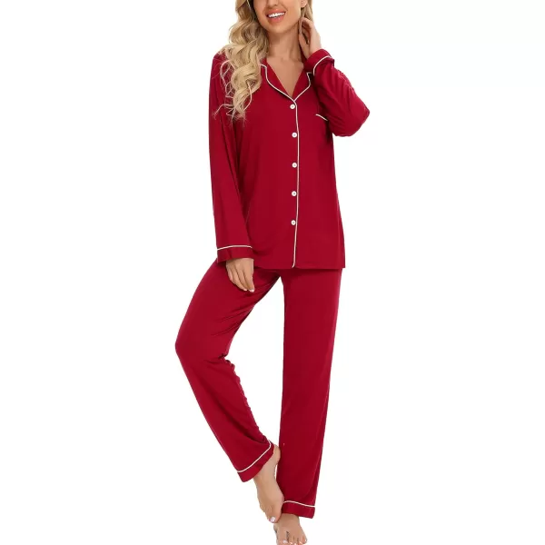 Leikar Button Up Pajama Set For Women Long Sleeve Shirt And Pajama Pants Soft Pjs Lounge SetsRed