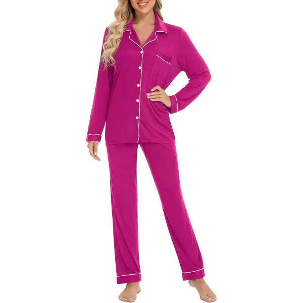 Leikar Button Up Pajama Set For Women Long Sleeve Shirt And Pajama Pants Soft Pjs Lounge SetsRose Red