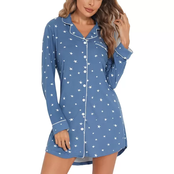 Leikar Maternity Nightgown For Women Nursing Pajamas Long Sleeve SleepshirtLong Sleeveblue White Star