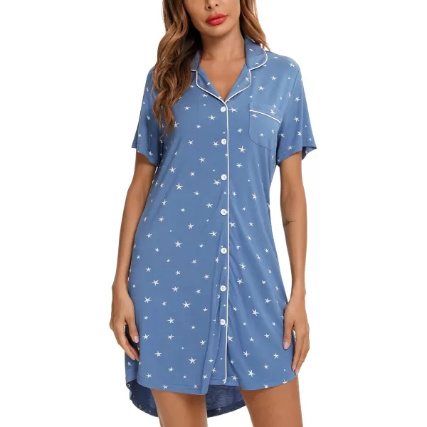 Leikar Maternity Nightgown For Women Nursing Pajamas Long Sleeve SleepshirtShort Sleeveblue White Star