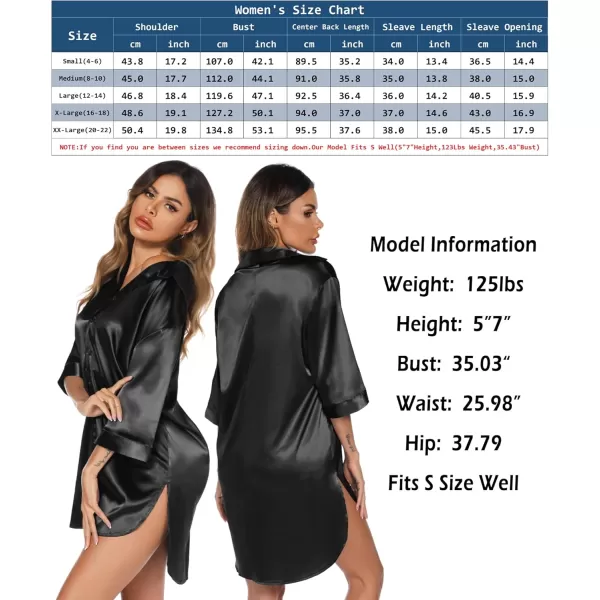 Leikar Satin Nightgown For Women 34 Sleeve Silk Night Shirts Button Down Pajamas Dress Boyfriend Sleepshirt SXXLBlack