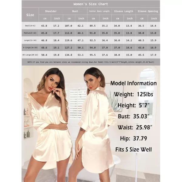 Leikar Satin Nightgown For Women 34 Sleeve Silk Night Shirts Button Down Pajamas Dress Boyfriend Sleepshirt SXXLChampagne