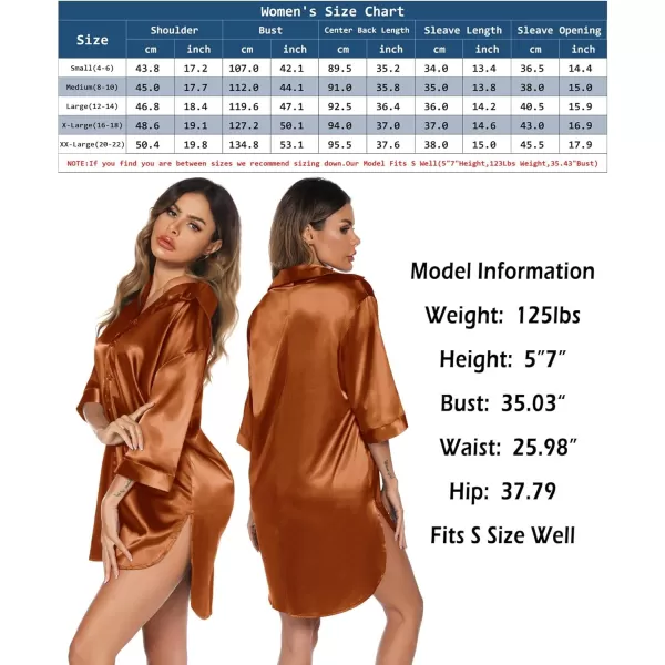 Leikar Satin Nightgown For Women 34 Sleeve Silk Night Shirts Button Down Pajamas Dress Boyfriend Sleepshirt SXXLCoffee