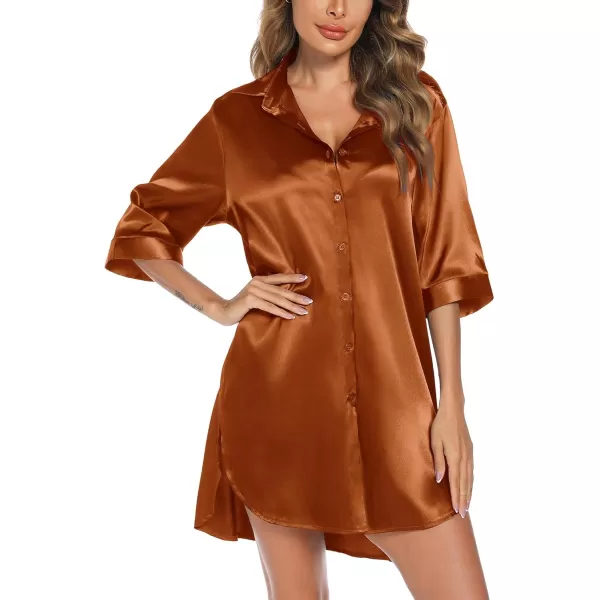 Leikar Satin Nightgown For Women 34 Sleeve Silk Night Shirts Button Down Pajamas Dress Boyfriend Sleepshirt SXXLCoffee