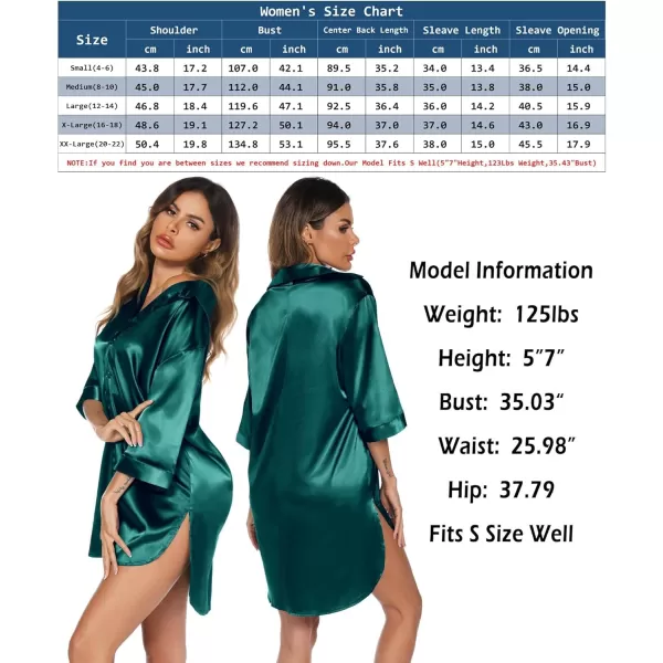 Leikar Satin Nightgown For Women 34 Sleeve Silk Night Shirts Button Down Pajamas Dress Boyfriend Sleepshirt SXXLDark Green