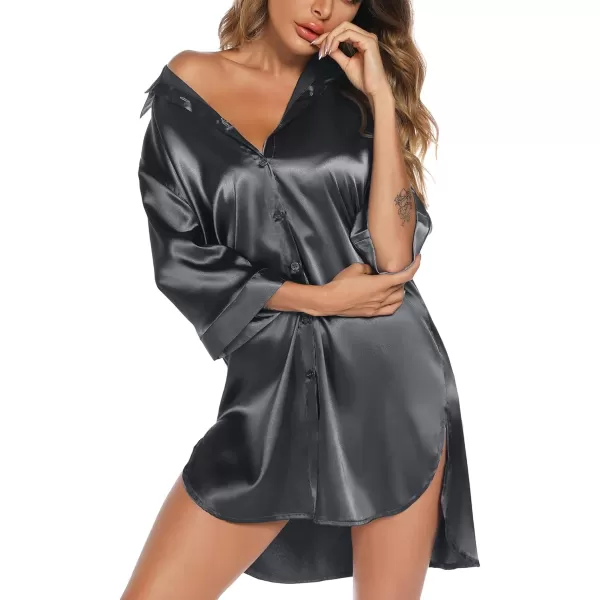 Leikar Satin Nightgown For Women 34 Sleeve Silk Night Shirts Button Down Pajamas Dress Boyfriend Sleepshirt SXXLGrey