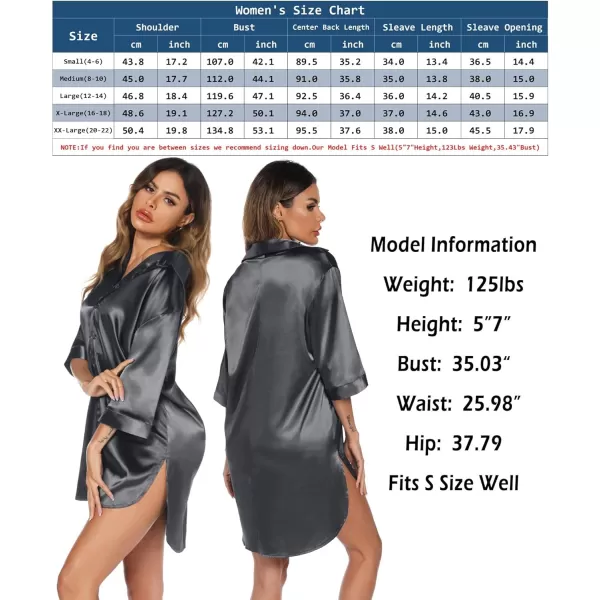Leikar Satin Nightgown For Women 34 Sleeve Silk Night Shirts Button Down Pajamas Dress Boyfriend Sleepshirt SXXLGrey