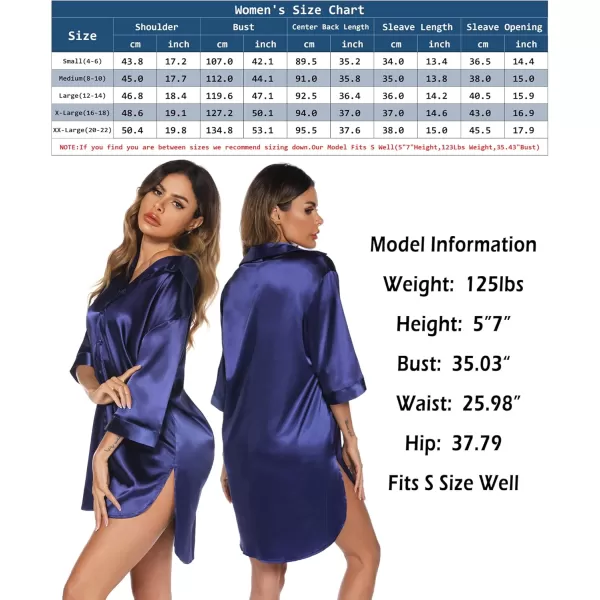 Leikar Satin Nightgown For Women 34 Sleeve Silk Night Shirts Button Down Pajamas Dress Boyfriend Sleepshirt SXXLNavy Blue