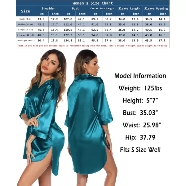 Leikar Satin Nightgown For Women 34 Sleeve Silk Night Shirts Button Down Pajamas Dress Boyfriend Sleepshirt SXXLPeacock Blue