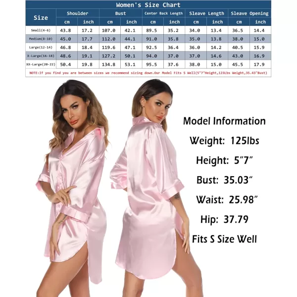 Leikar Satin Nightgown For Women 34 Sleeve Silk Night Shirts Button Down Pajamas Dress Boyfriend Sleepshirt SXXLPink